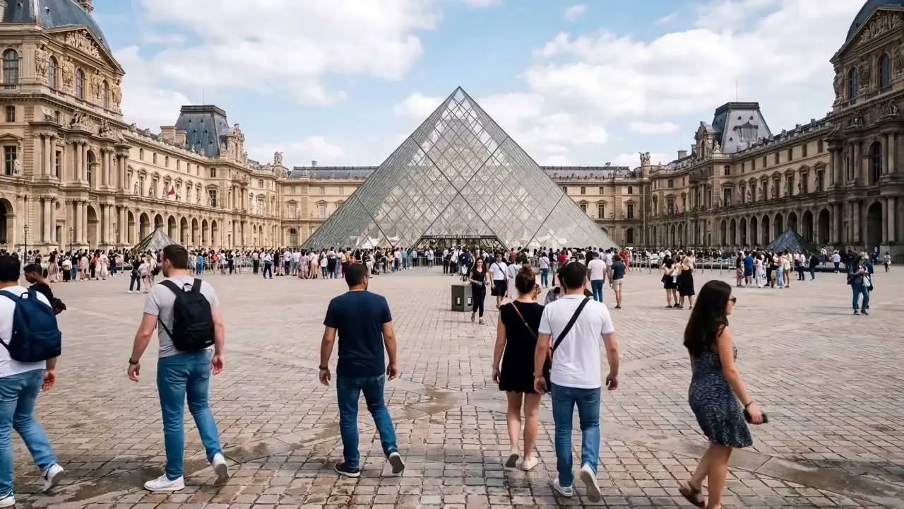 Louvre courtyard plate with a crowd