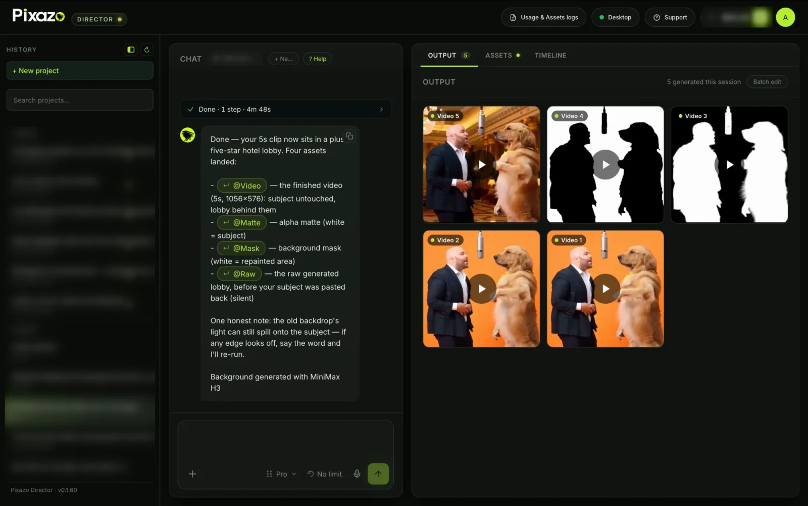 Pixazo Director: chat on the left describing the result, and the Output tab showing the finished hotel-lobby video, its alpha matte, background mask and the original orange-backdrop clips