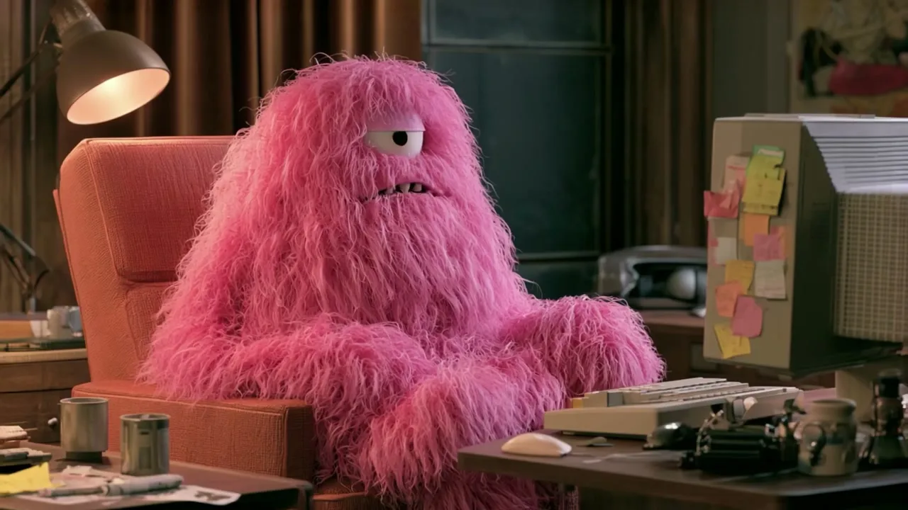 Source plate: a furry puppet at a desk in a warm-lit office
